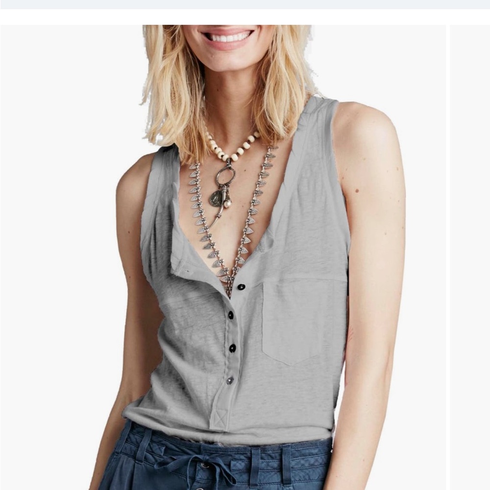 Free People Button Front Tank Top Gray Sleeveless Henley XS